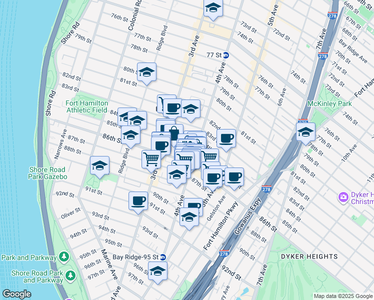 map of restaurants, bars, coffee shops, grocery stores, and more near 151 86th Street in Brooklyn