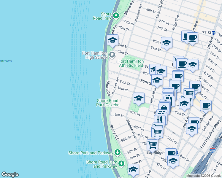 map of restaurants, bars, coffee shops, grocery stores, and more near 8901 Narrows Avenue in Brooklyn