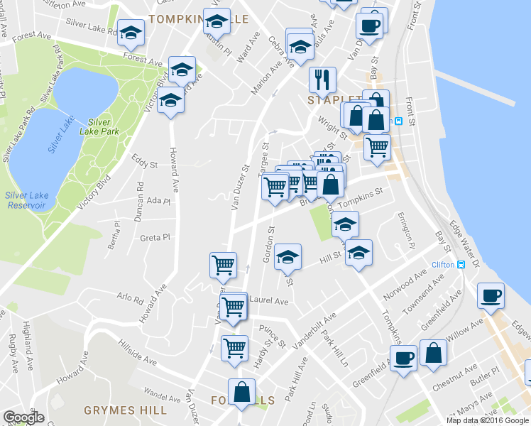 map of restaurants, bars, coffee shops, grocery stores, and more near 175 Targee Street in Staten Island