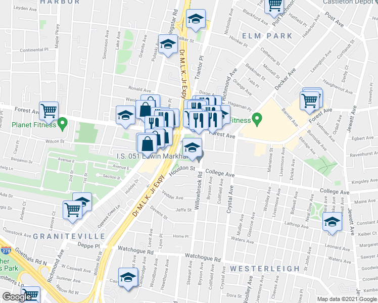 map of restaurants, bars, coffee shops, grocery stores, and more near 20 Houston Street in Staten Island