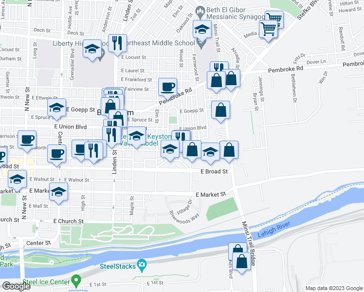 map of restaurants, bars, coffee shops, grocery stores, and more near 702 Hawthorne Road in Bethlehem