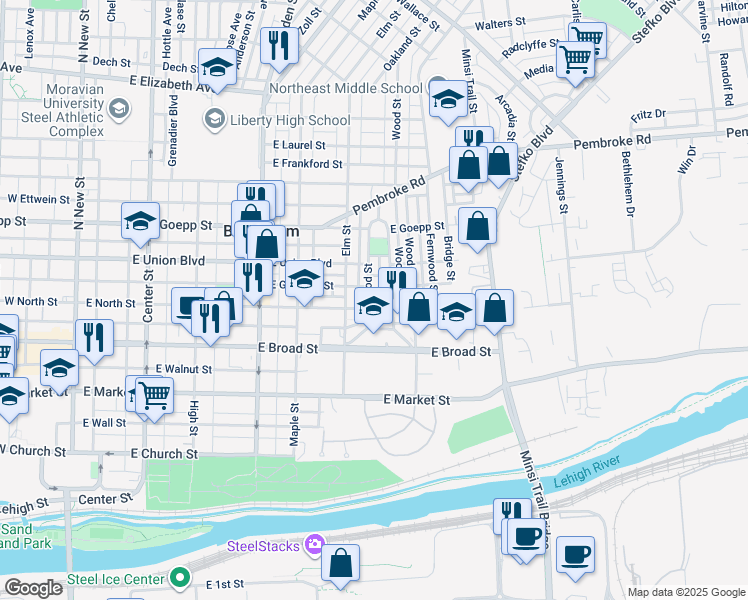 map of restaurants, bars, coffee shops, grocery stores, and more near 631 Dellwood Street in Bethlehem