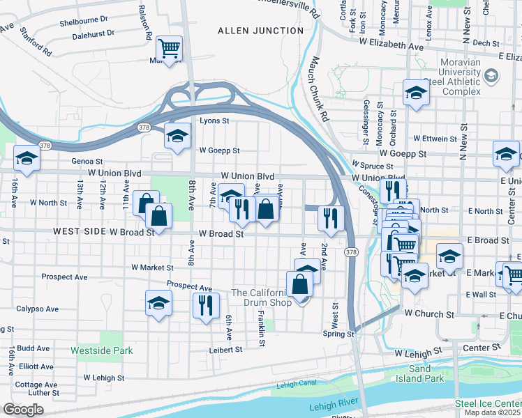 map of restaurants, bars, coffee shops, grocery stores, and more near 621 4th Avenue in Bethlehem