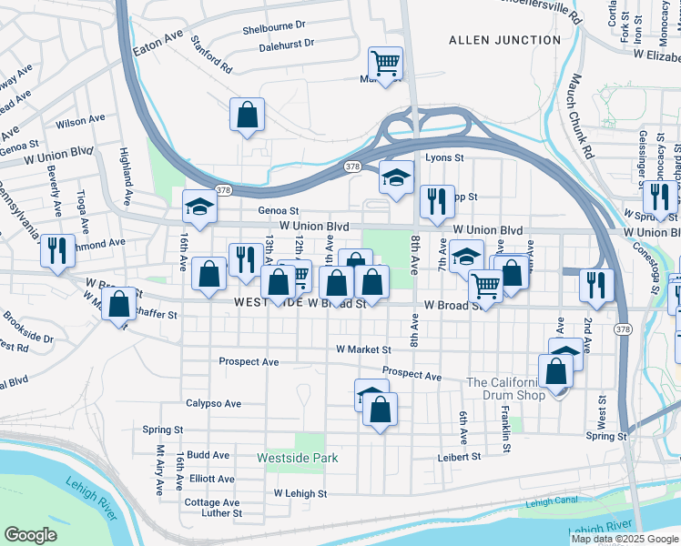 map of restaurants, bars, coffee shops, grocery stores, and more near 1134 West Broad Street in Bethlehem