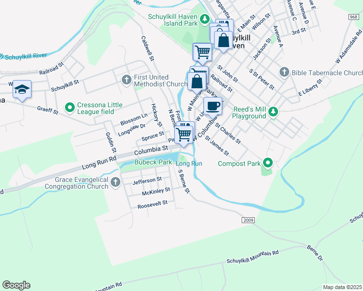 map of restaurants, bars, coffee shops, grocery stores, and more near 536 West Columbia Street in Schuylkill Haven