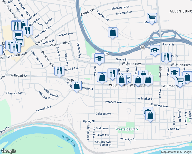 map of restaurants, bars, coffee shops, grocery stores, and more near 632 16th Avenue in Bethlehem