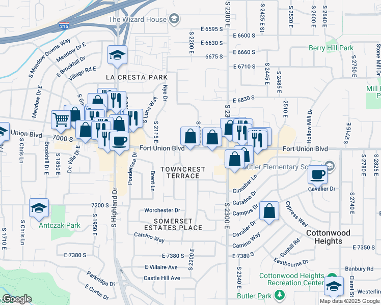 map of restaurants, bars, coffee shops, grocery stores, and more near 2203 East 7075 South in Cottonwood Heights