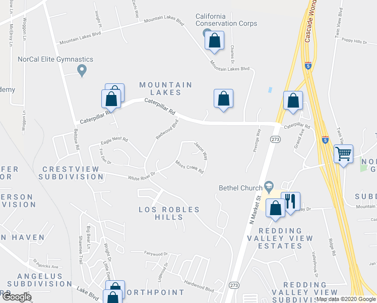 map of restaurants, bars, coffee shops, grocery stores, and more near 1073 Fallon Court in Redding
