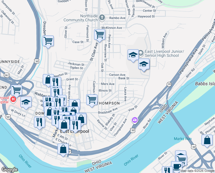 map of restaurants, bars, coffee shops, grocery stores, and more near 800 Illinois Street in East Liverpool