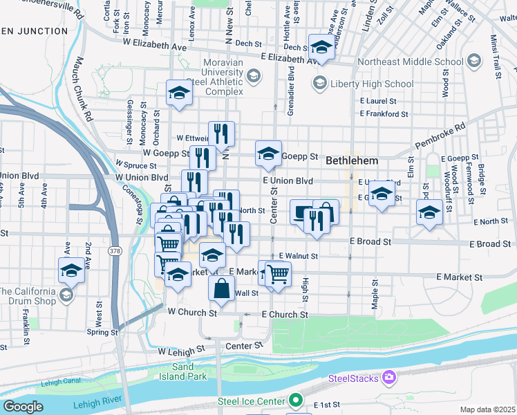 map of restaurants, bars, coffee shops, grocery stores, and more near 55 East North Street in Bethlehem