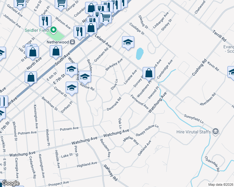 map of restaurants, bars, coffee shops, grocery stores, and more near 1295 Denmark Road in Plainfield