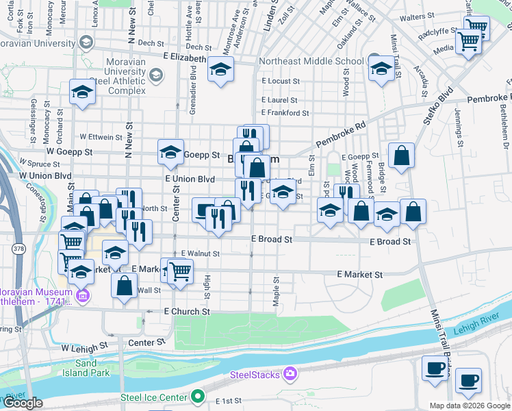 map of restaurants, bars, coffee shops, grocery stores, and more near 626 Linden Street in Bethlehem