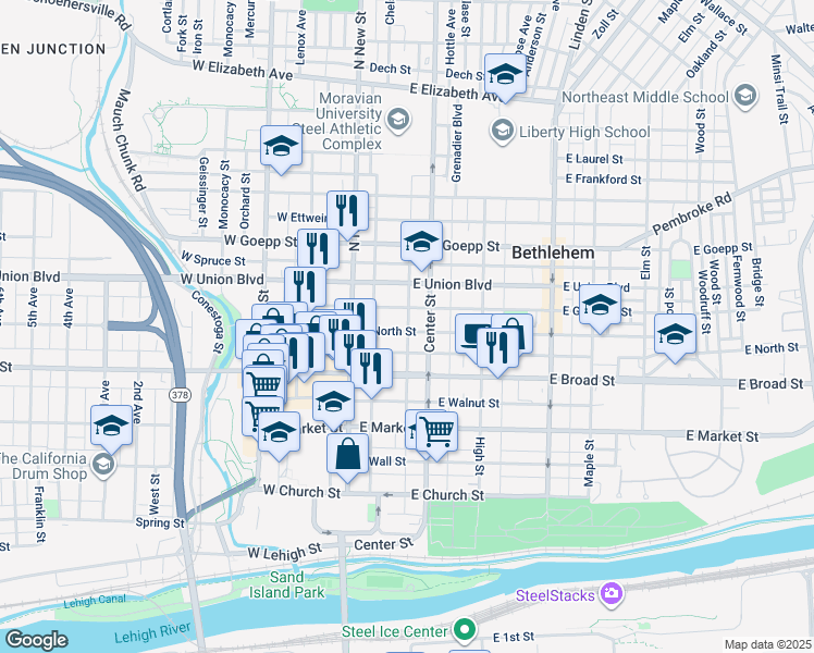 map of restaurants, bars, coffee shops, grocery stores, and more near 55 East North Street in Bethlehem