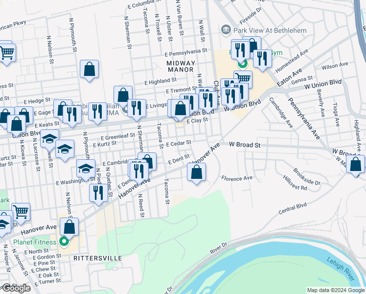 map of restaurants, bars, coffee shops, grocery stores, and more near 814 North Ulster Street in Allentown