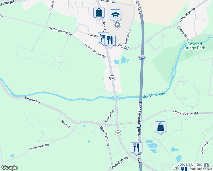 map of restaurants, bars, coffee shops, grocery stores, and more near 2329 Dublin Road in Lehigh County