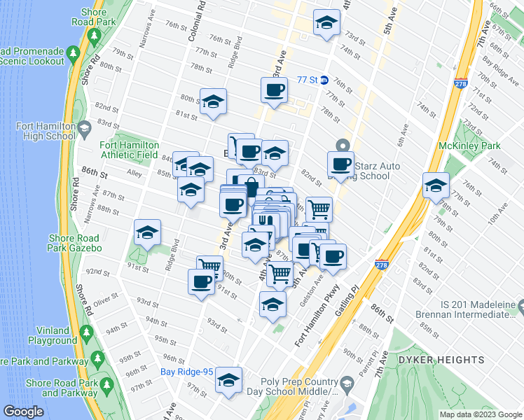 map of restaurants, bars, coffee shops, grocery stores, and more near 348 85th Street in Brooklyn