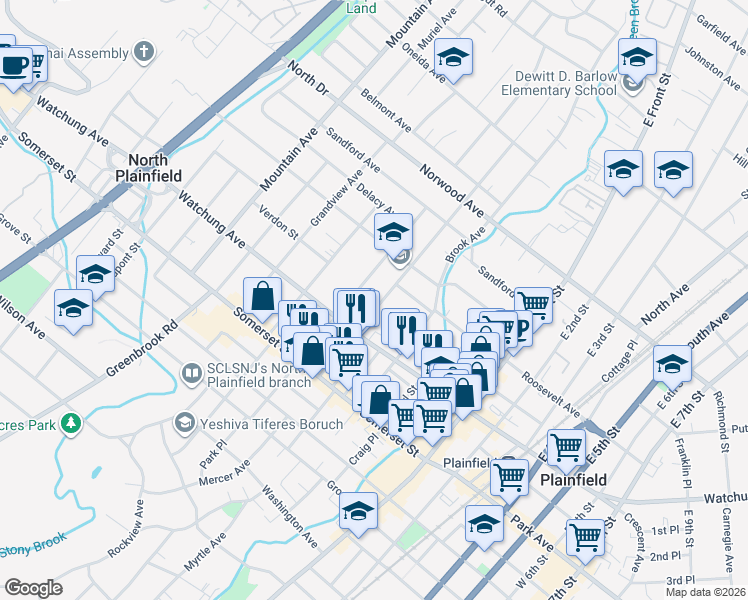 map of restaurants, bars, coffee shops, grocery stores, and more near 107-11 Westervelt Avenue in North Plainfield