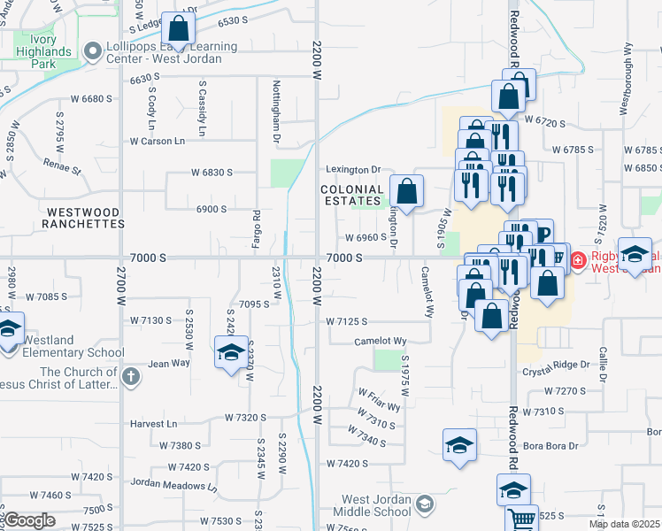 map of restaurants, bars, coffee shops, grocery stores, and more near 6975 2200 West in West Jordan