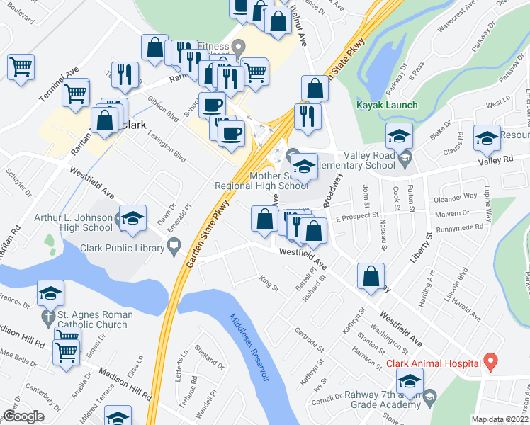 map of restaurants, bars, coffee shops, grocery stores, and more near 35 Brant Avenue in Clark