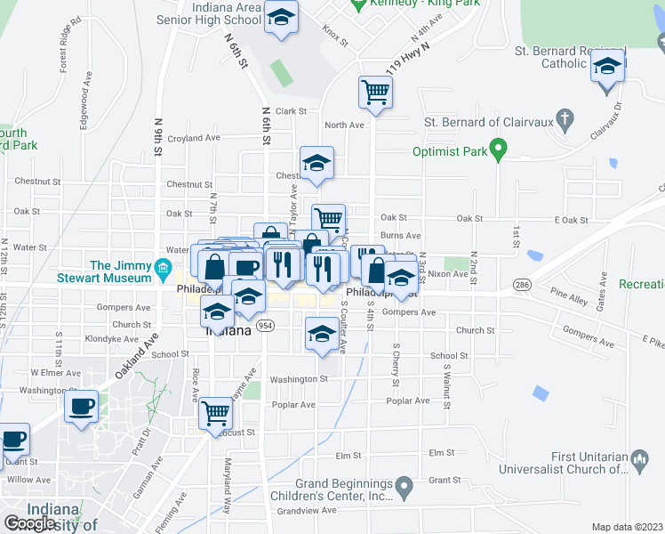 map of restaurants, bars, coffee shops, grocery stores, and more near 463 Nixon Avenue in Indiana