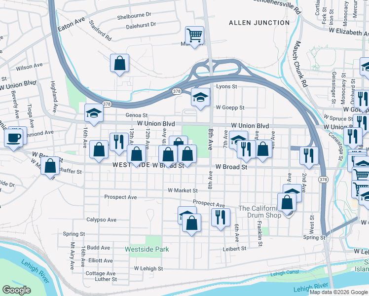 map of restaurants, bars, coffee shops, grocery stores, and more near 721 10th Avenue in Bethlehem