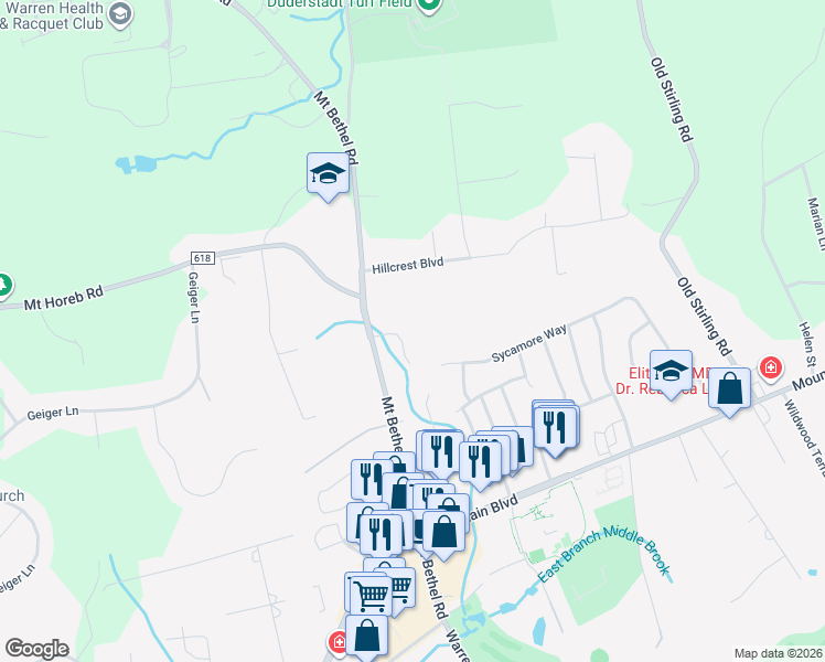 map of restaurants, bars, coffee shops, grocery stores, and more near 3 Maxwell Court in Warren