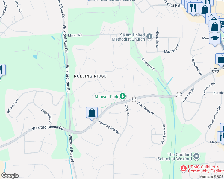 map of restaurants, bars, coffee shops, grocery stores, and more near 807 Birchfield Court in Wexford
