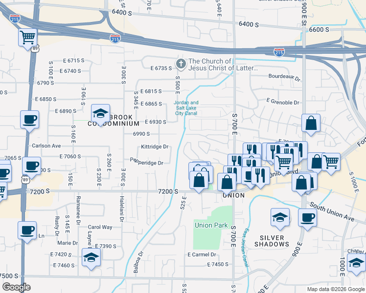 map of restaurants, bars, coffee shops, grocery stores, and more near 550 East Villager Lane in Midvale