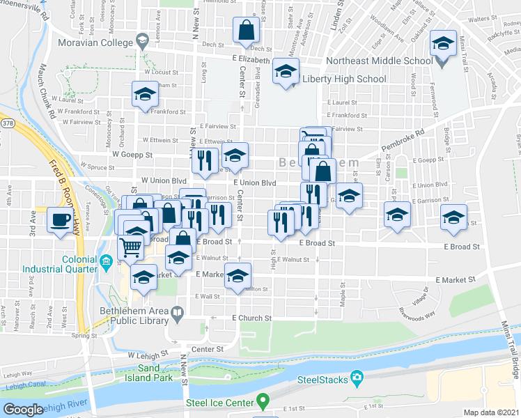 map of restaurants, bars, coffee shops, grocery stores, and more near 131 East North Street in Bethlehem
