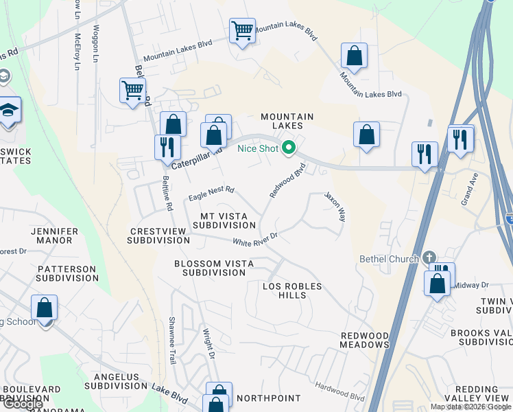 map of restaurants, bars, coffee shops, grocery stores, and more near 1174 Redwood Boulevard in Redding