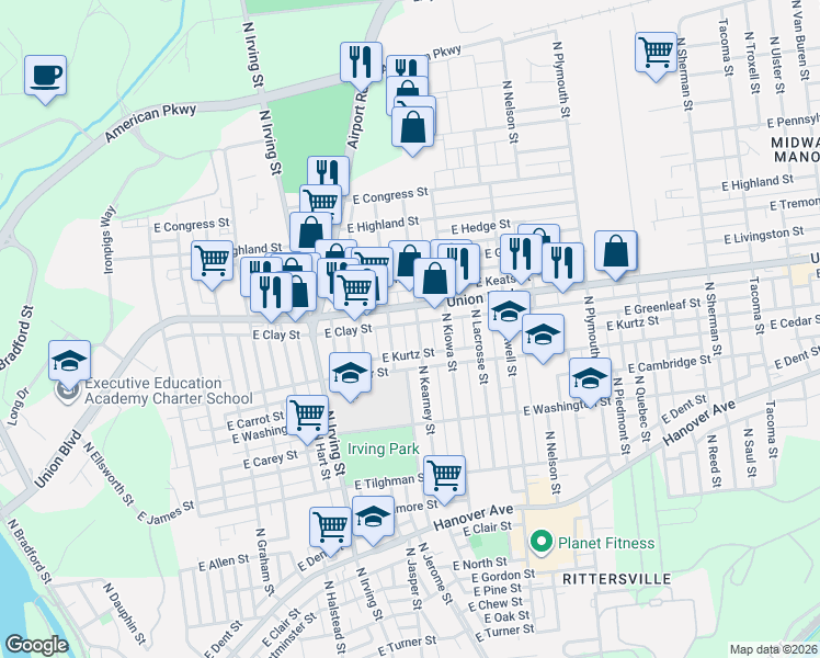 map of restaurants, bars, coffee shops, grocery stores, and more near 1047 Union Boulevard in Allentown
