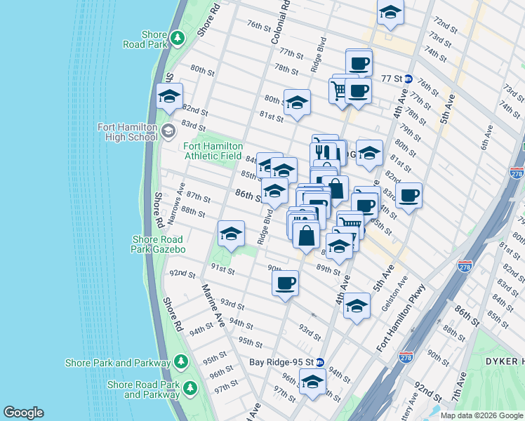 map of restaurants, bars, coffee shops, grocery stores, and more near 8612 Ridge Boulevard in Brooklyn
