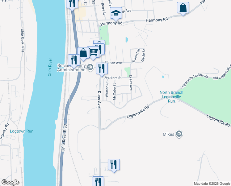 map of restaurants, bars, coffee shops, grocery stores, and more near 3775 McCabe Street in Baden