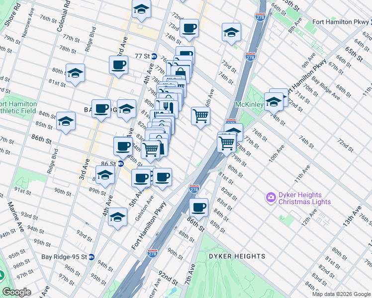 map of restaurants, bars, coffee shops, grocery stores, and more near 574 81 Street in Brooklyn