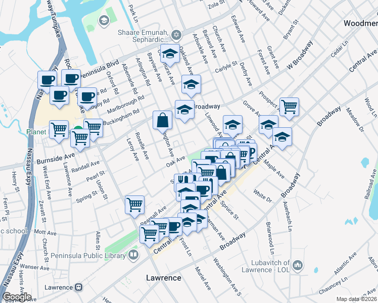 map of restaurants, bars, coffee shops, grocery stores, and more near 306 Clinton Avenue in Cedarhurst