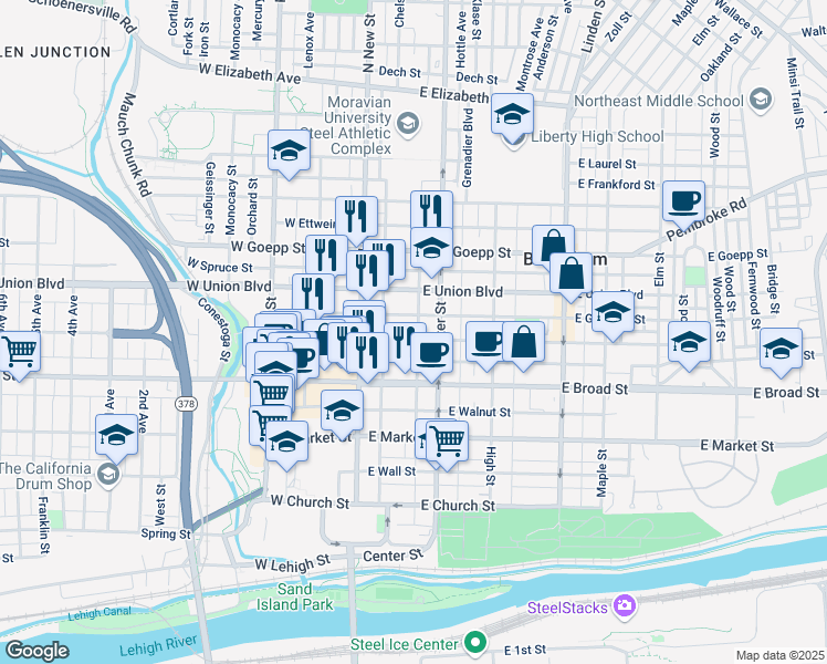 map of restaurants, bars, coffee shops, grocery stores, and more near 47 East Garrison Street in Bethlehem
