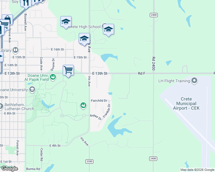 map of restaurants, bars, coffee shops, grocery stores, and more near 1951 East 13th Street in Crete