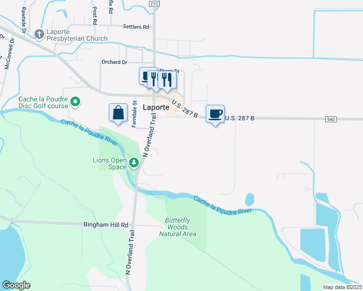 map of restaurants, bars, coffee shops, grocery stores, and more near 2620 North Overland Trail in Laporte