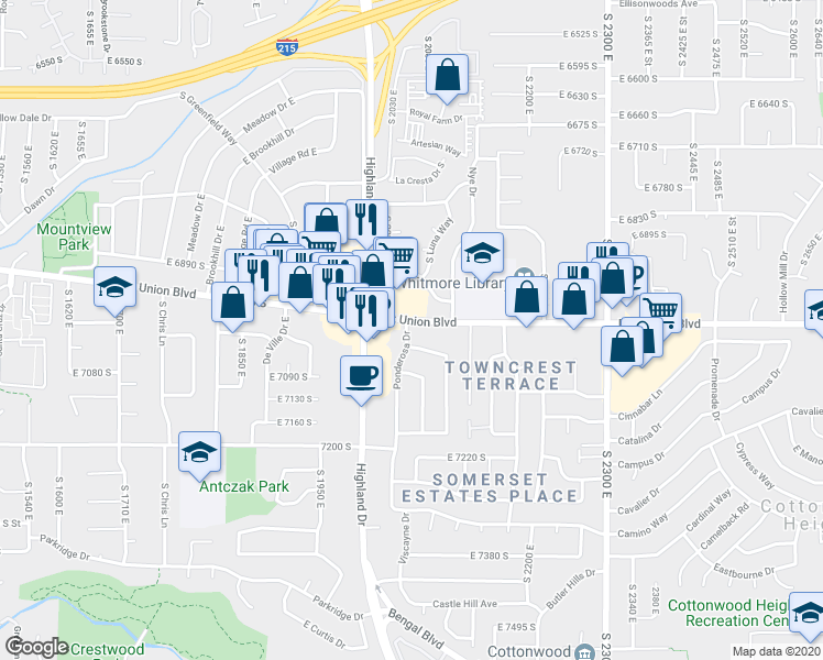 map of restaurants, bars, coffee shops, grocery stores, and more near 2029 Fort Union Boulevard in Cottonwood Heights