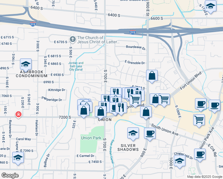 map of restaurants, bars, coffee shops, grocery stores, and more near 6965 South 700 East in Midvale