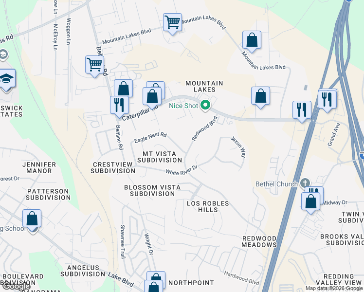 map of restaurants, bars, coffee shops, grocery stores, and more near 1174 Redwood Boulevard in Redding