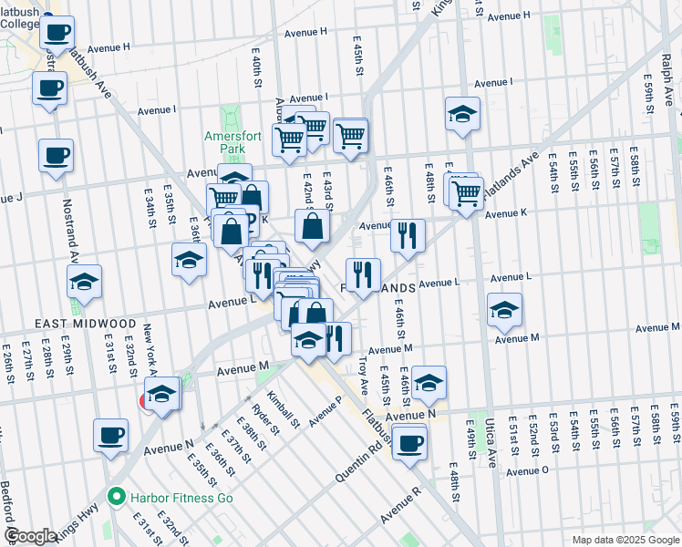 map of restaurants, bars, coffee shops, grocery stores, and more near 1954 Troy Avenue in Brooklyn