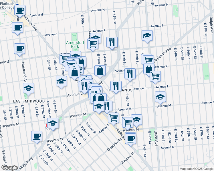 map of restaurants, bars, coffee shops, grocery stores, and more near 1954 Troy Avenue in Brooklyn