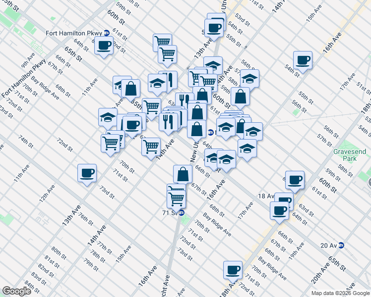 map of restaurants, bars, coffee shops, grocery stores, and more near 1436 64th Street in Brooklyn