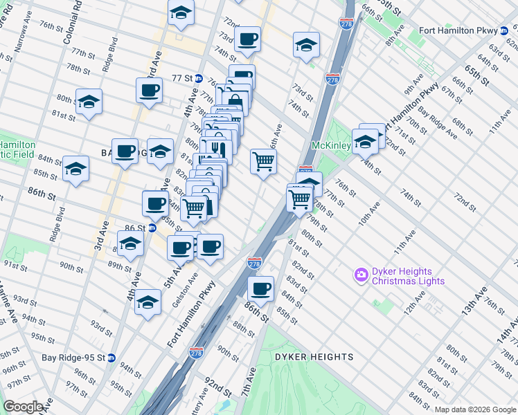 map of restaurants, bars, coffee shops, grocery stores, and more near 7926 6th Avenue in Brooklyn