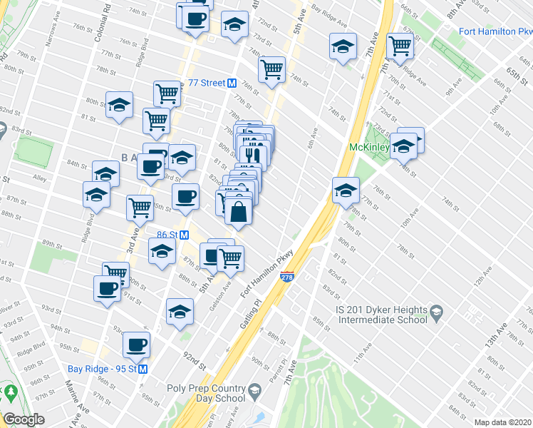 map of restaurants, bars, coffee shops, grocery stores, and more near 533 81st Street in Brooklyn