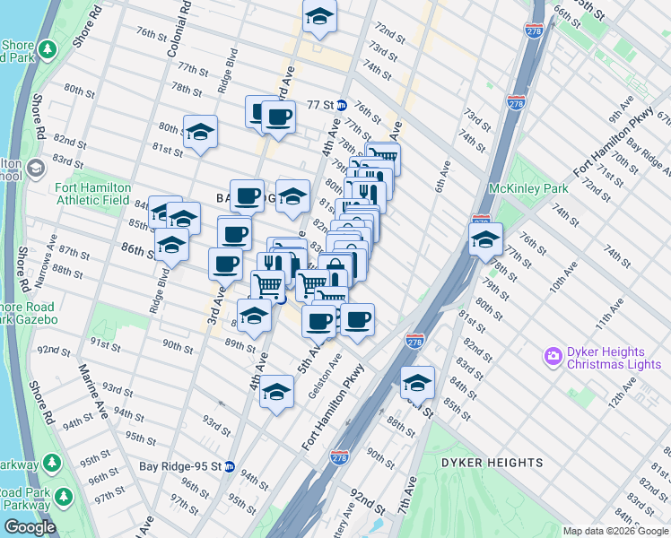 map of restaurants, bars, coffee shops, grocery stores, and more near 439 83rd Street in Brooklyn