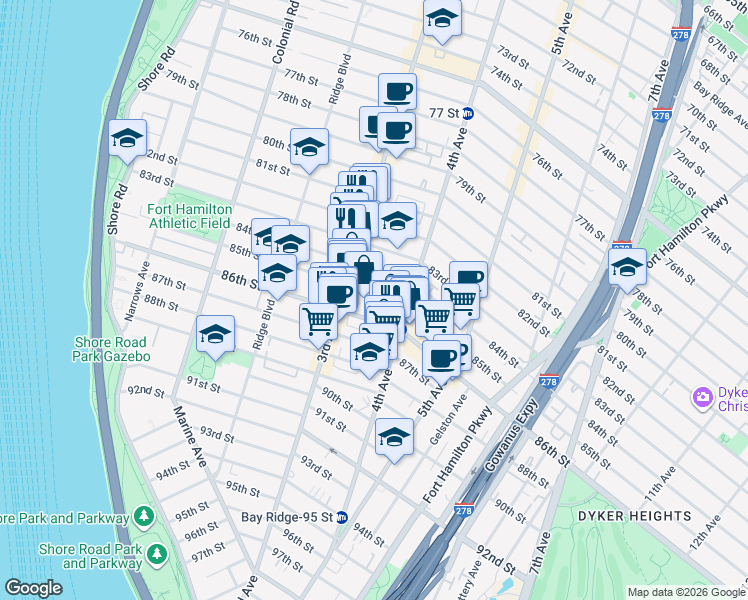 map of restaurants, bars, coffee shops, grocery stores, and more near 330 84th Street in Brooklyn