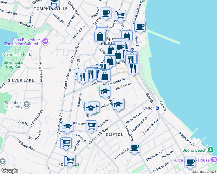 map of restaurants, bars, coffee shops, grocery stores, and more near 112B Broad Street in Staten Island