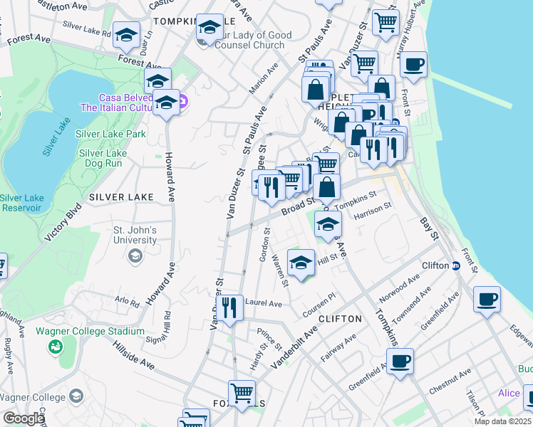 map of restaurants, bars, coffee shops, grocery stores, and more near 101 Targee Street in Staten Island